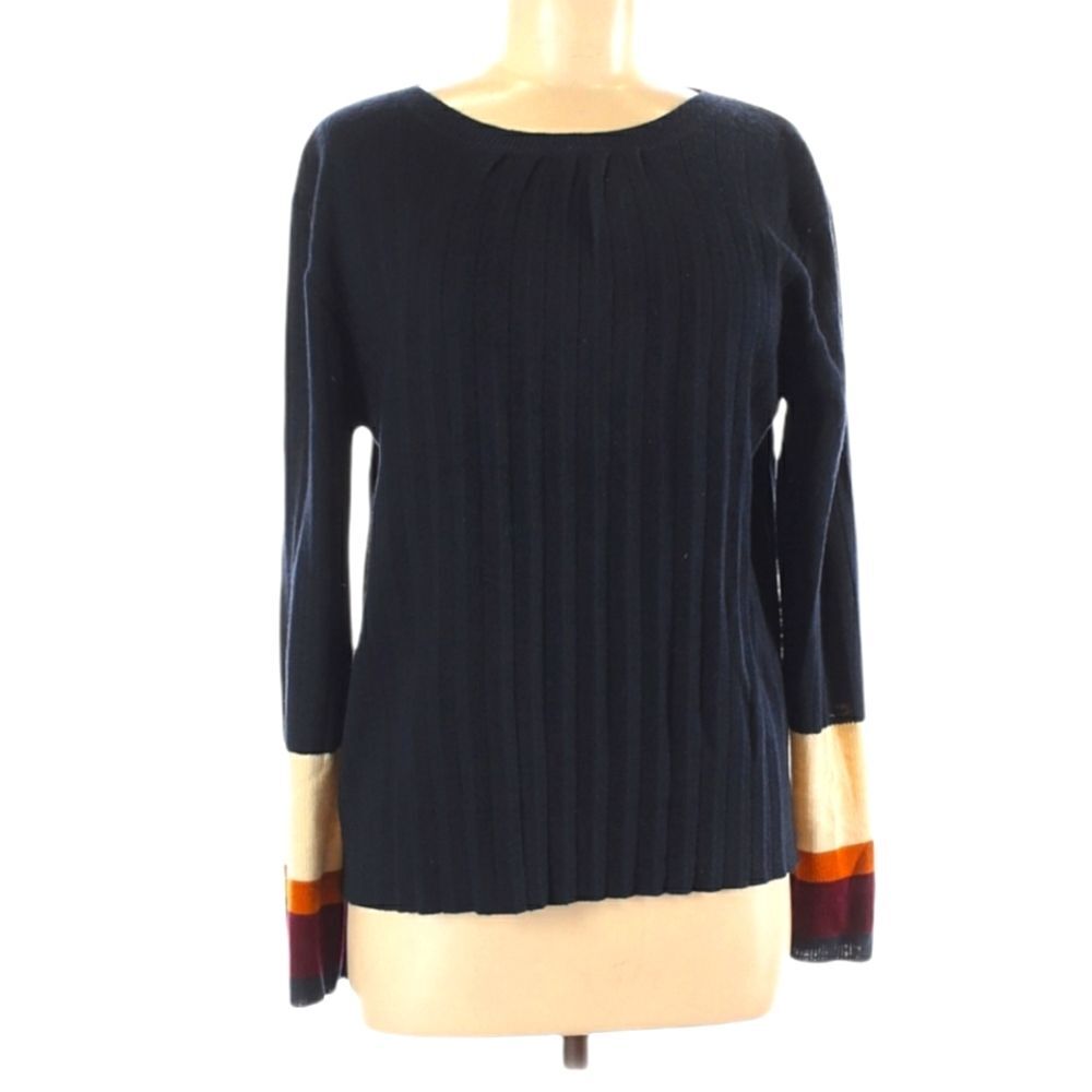Cliche‎ Sweater Size M Black Wool Beige Rust Red Striped Cuff Scoop Neck Preppy